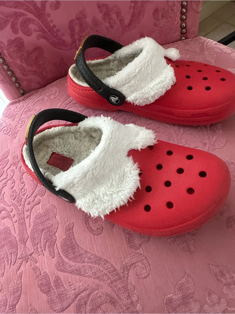 Santa Crocs size Junior 3 Kids Red Festive Faux-Fur Clog Shoes with Buckle Strap